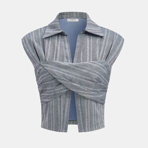 Commense Blue and Gray Striped Wrap Blouse